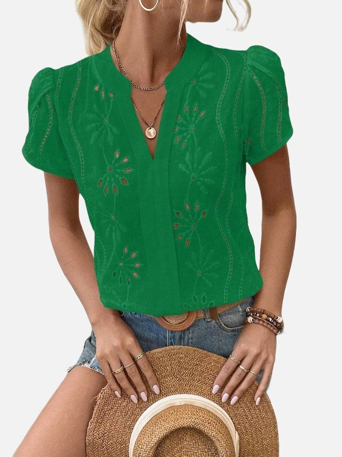 Women's Solid Color Hollow Embroidered Top - Nyaabs