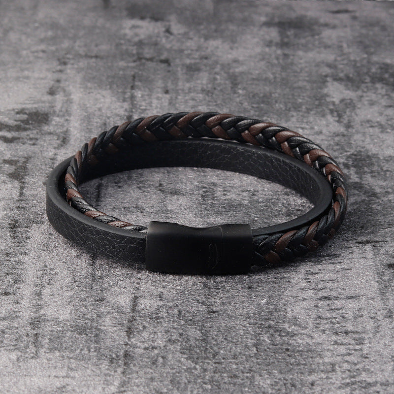 Leather Cord Stainless Steel Braided Bracelet Black Men - Nyaabs