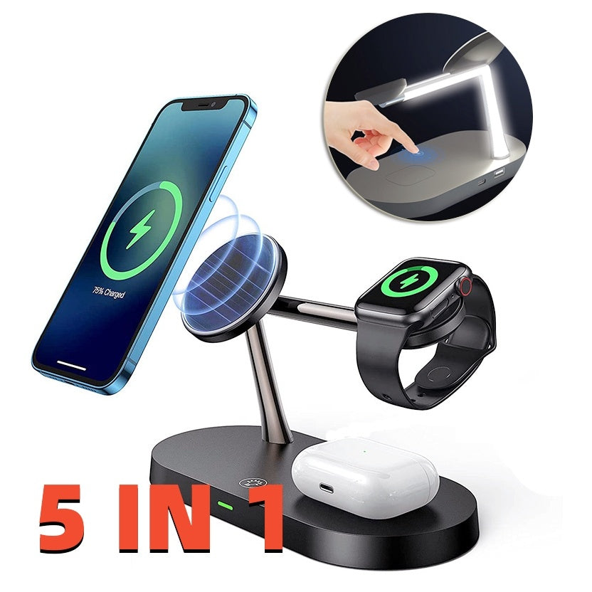 Multifunctional Five-In-One Magnetic Wireless Charging Watch Headset Desktop Mobile Phone Holder Charger 15W Fast Charge - Nyaabs