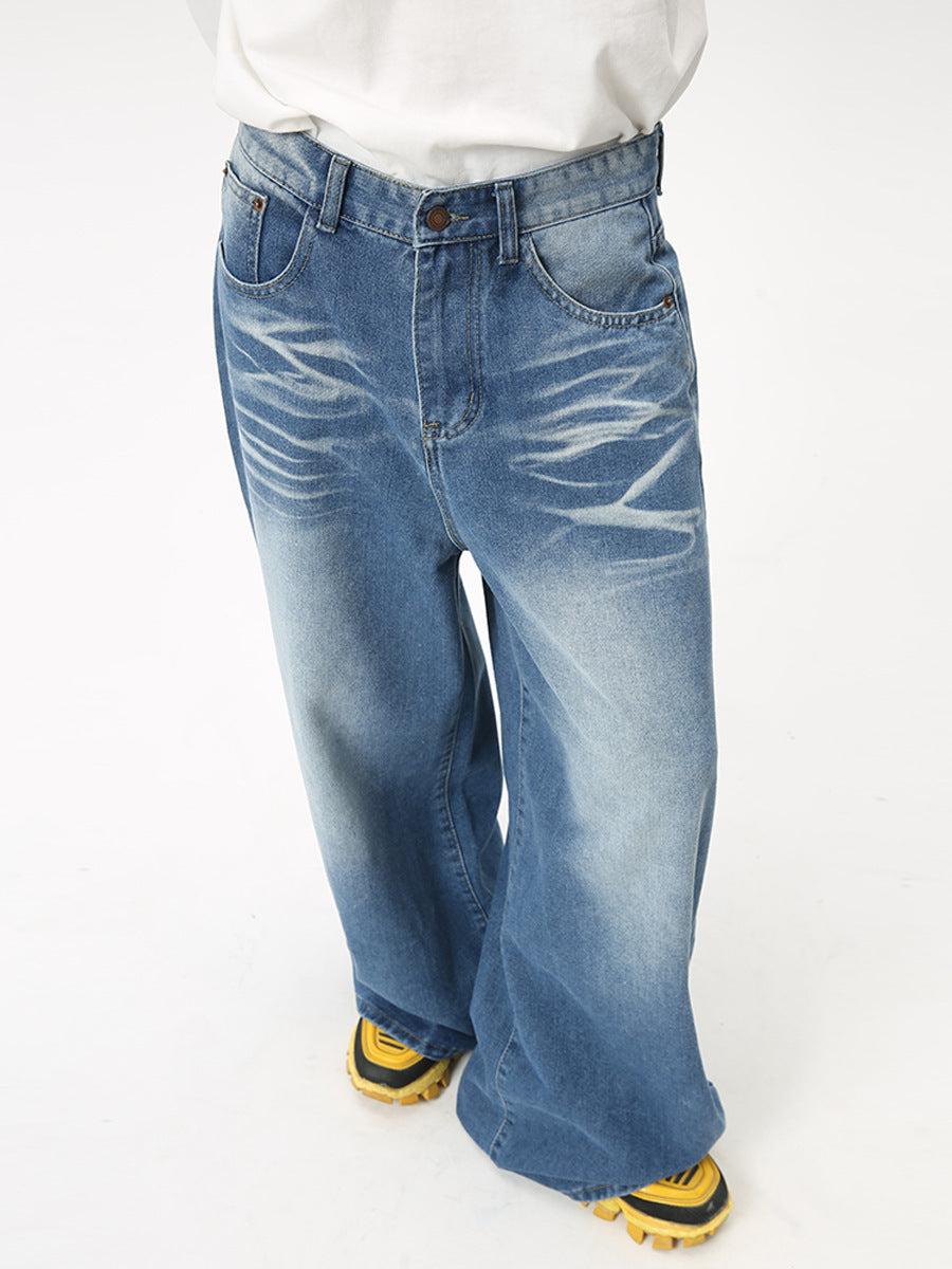 Maychao Washed Crease Vintage Draping Wide Leg Jeans - Nyaabs