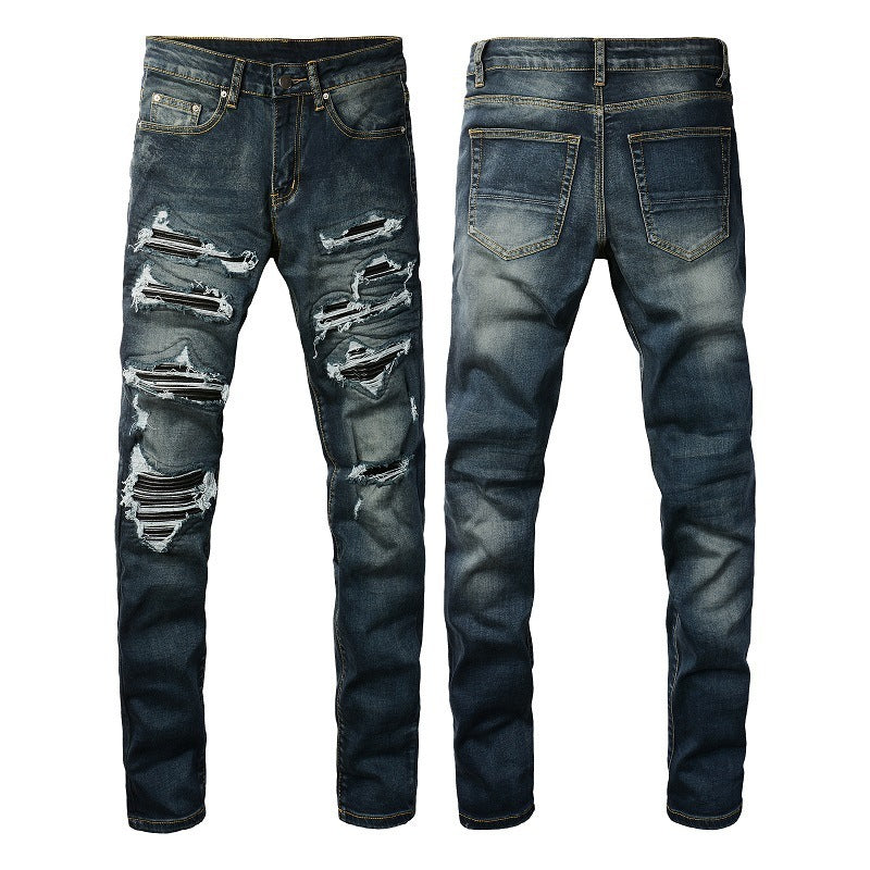 European And American High Street Jeans Blue Ripped Leather Patchwork - Nyaabs