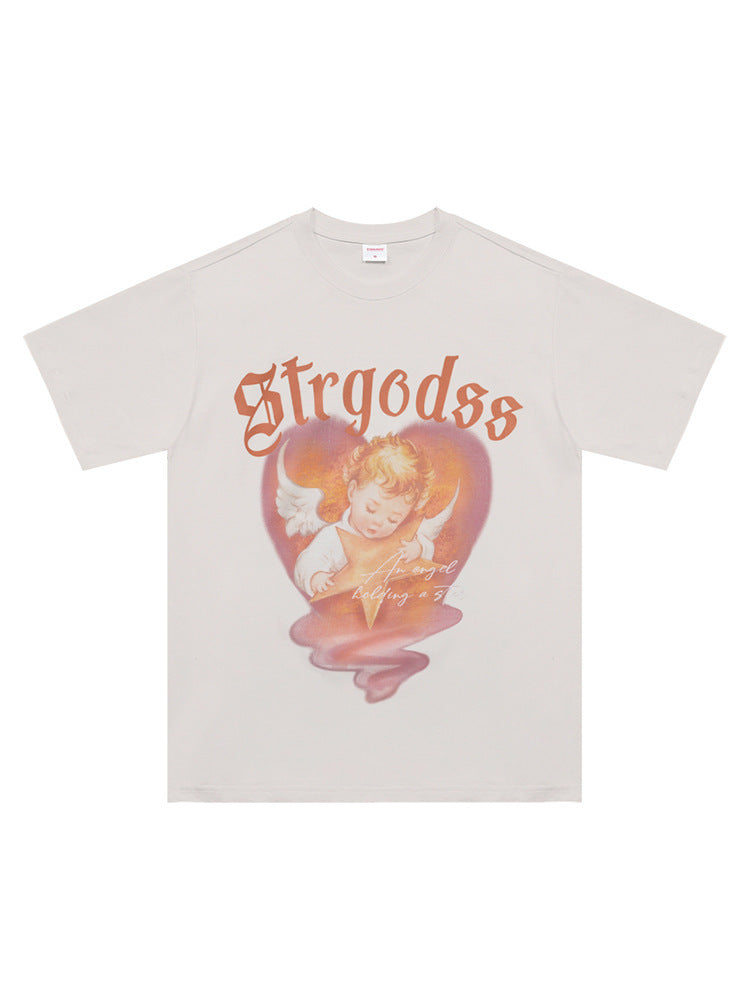 Summer Heavy American Retro Street Overesize Angel Print T-shirt - Nyaabs