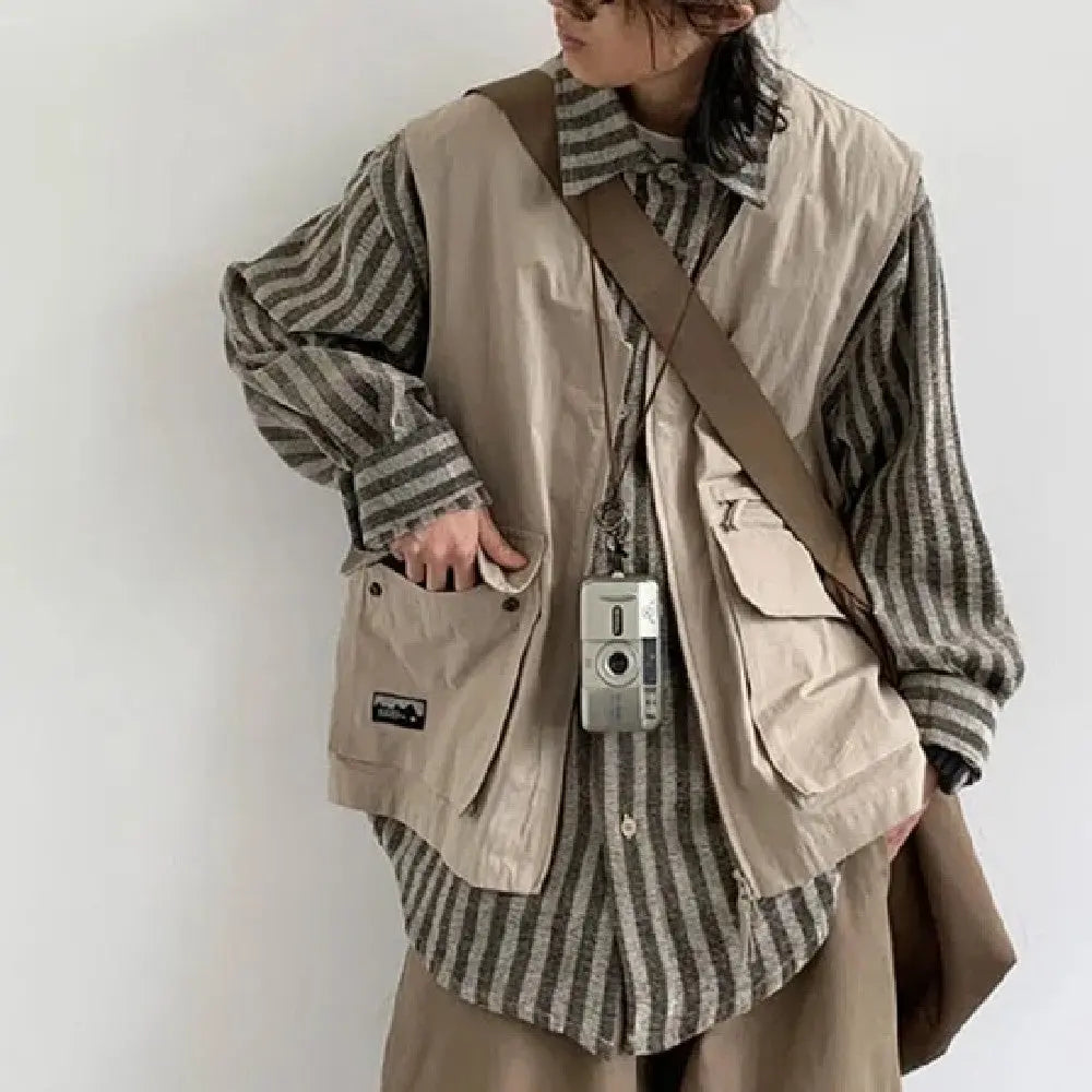 Japanese-style Retro Striped Fake Two Pieces Vest Workwear Shirt Plus Overalls Suit Men's Casual Simple - Nyaabs