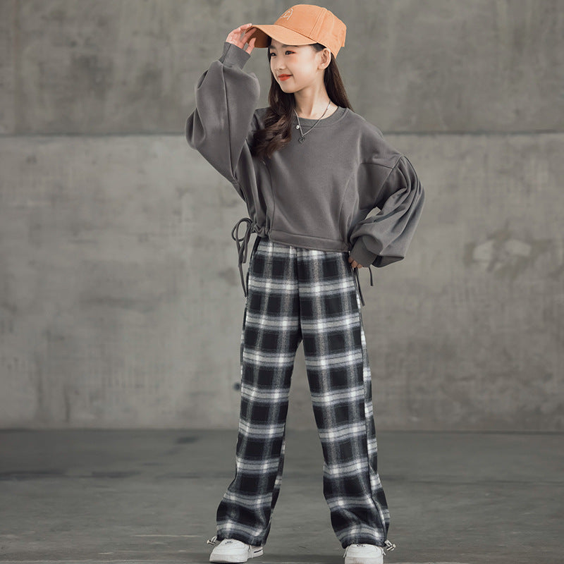 Girls' Suits Western Style Korean Children's Clothing Trendy Plaid Trousers Big Kids - Nyaabs