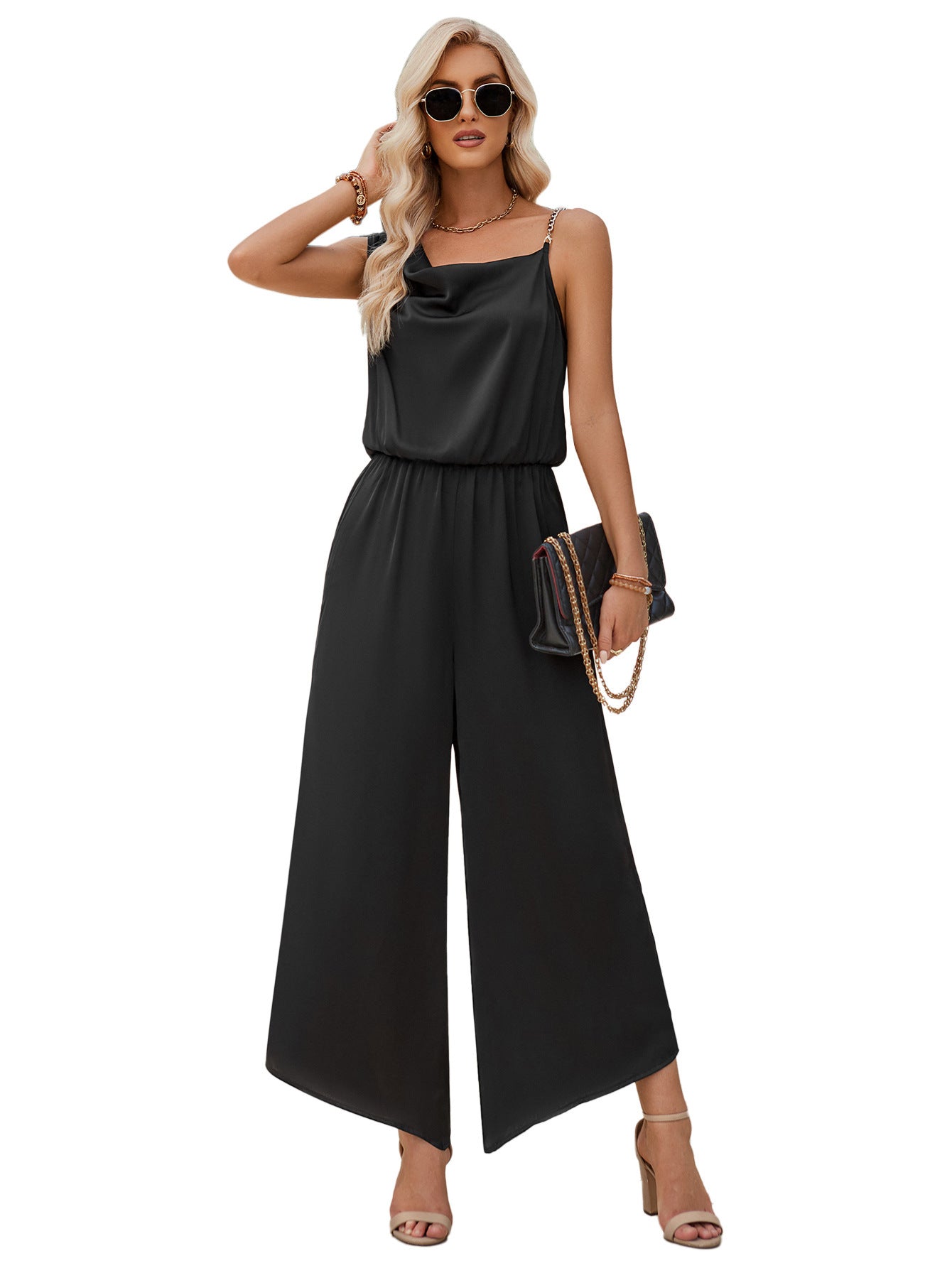 Fashion Casual Solid Color Suspender Waist Wide Leg Jumpsuit nyaabs.com