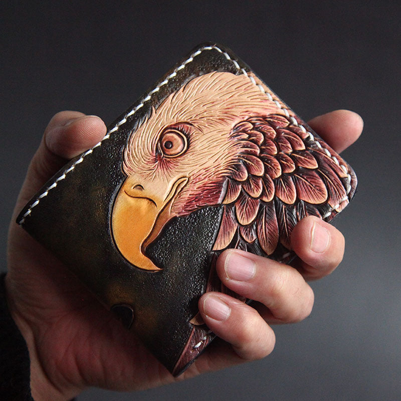 First Layer Cowhide Handmade Leather Carving Wallet Short Carp Couple Gift - Nyaabs