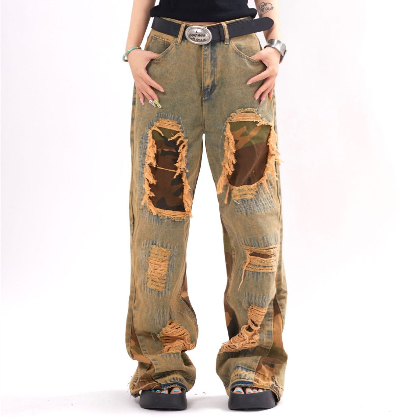 Camouflage Stitching Distressed Raw Hem Jeans Men - Nyaabs