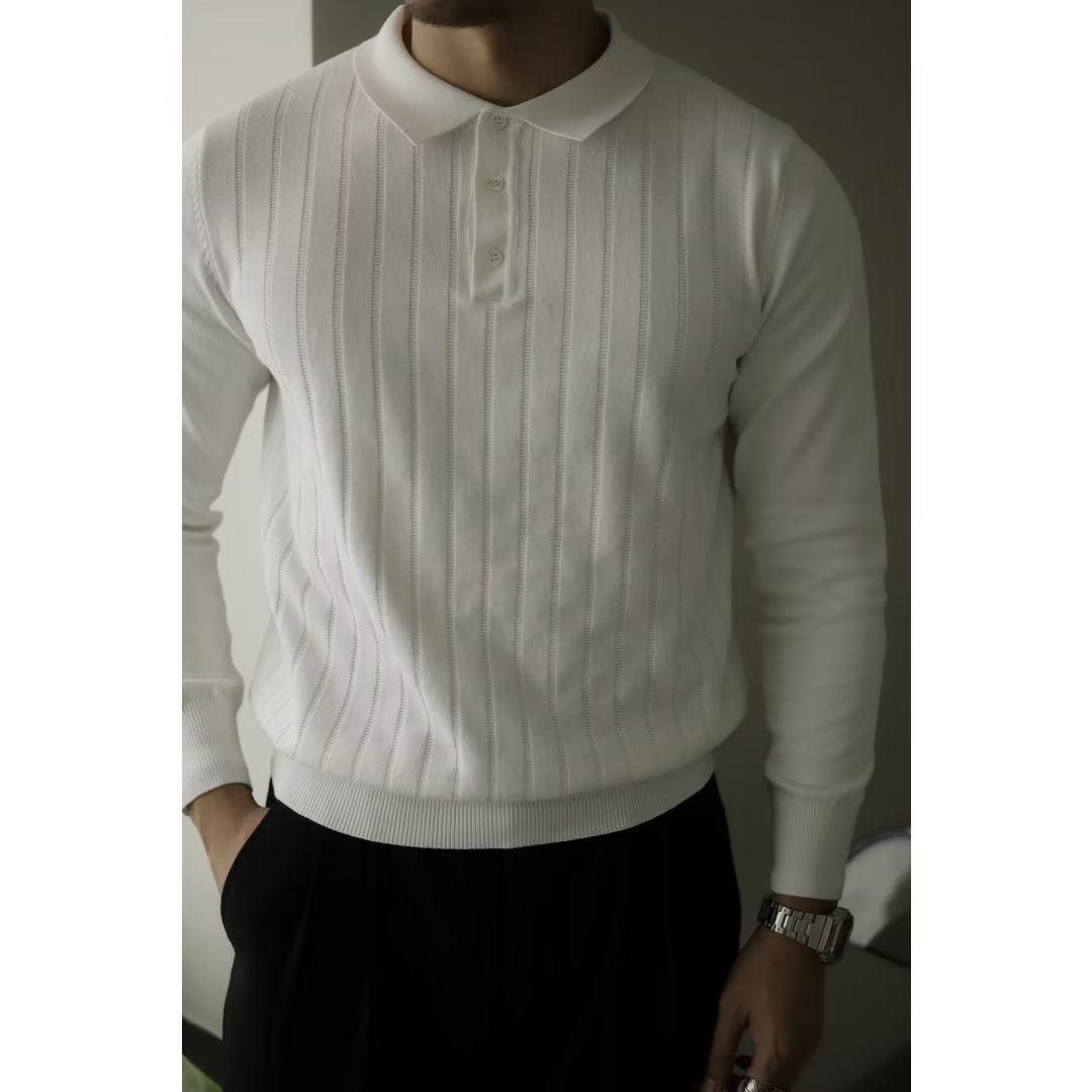 American Retro Heavy Lapel Long Sleeve Polo Shirt Casual Sweater - Nyaabs