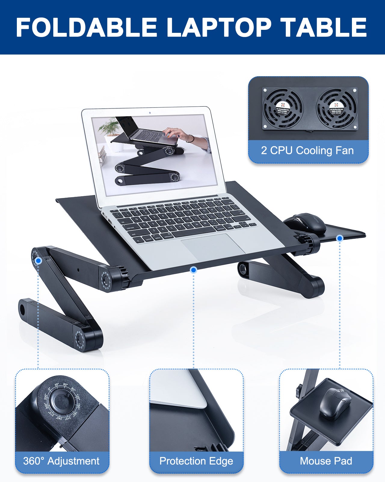 Adjustable Laptop Stand, RAINBEAN Laptop Desk with 2 CPU Cooling USB Fans for Bed Aluminum Lap Workstation Desk with Mouse Pad, Foldable Cook Book Stand Notebook Holder Sofa,Amazon Banned nyaabs.com