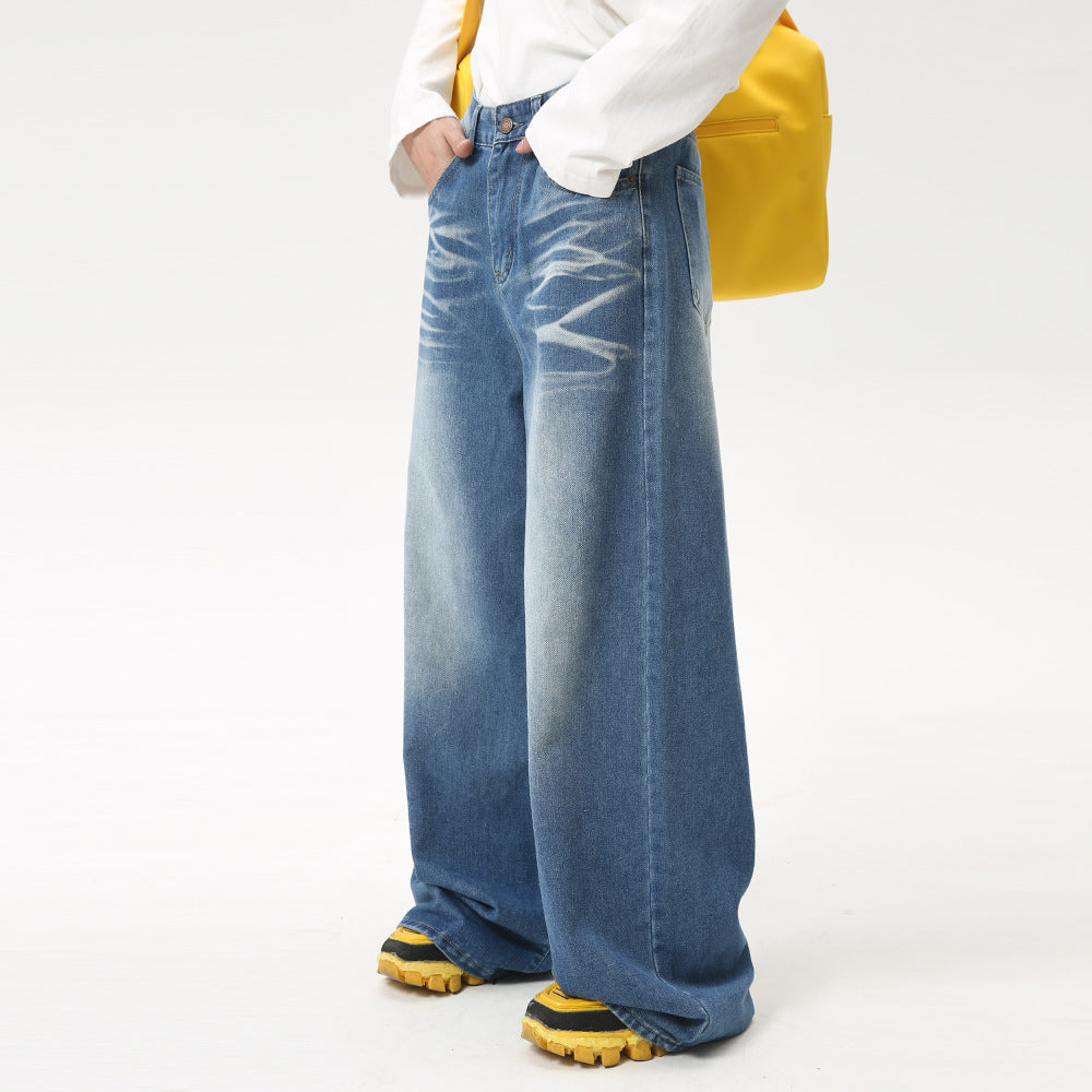 Maychao Washed Crease Vintage Draping Wide Leg Jeans - Nyaabs