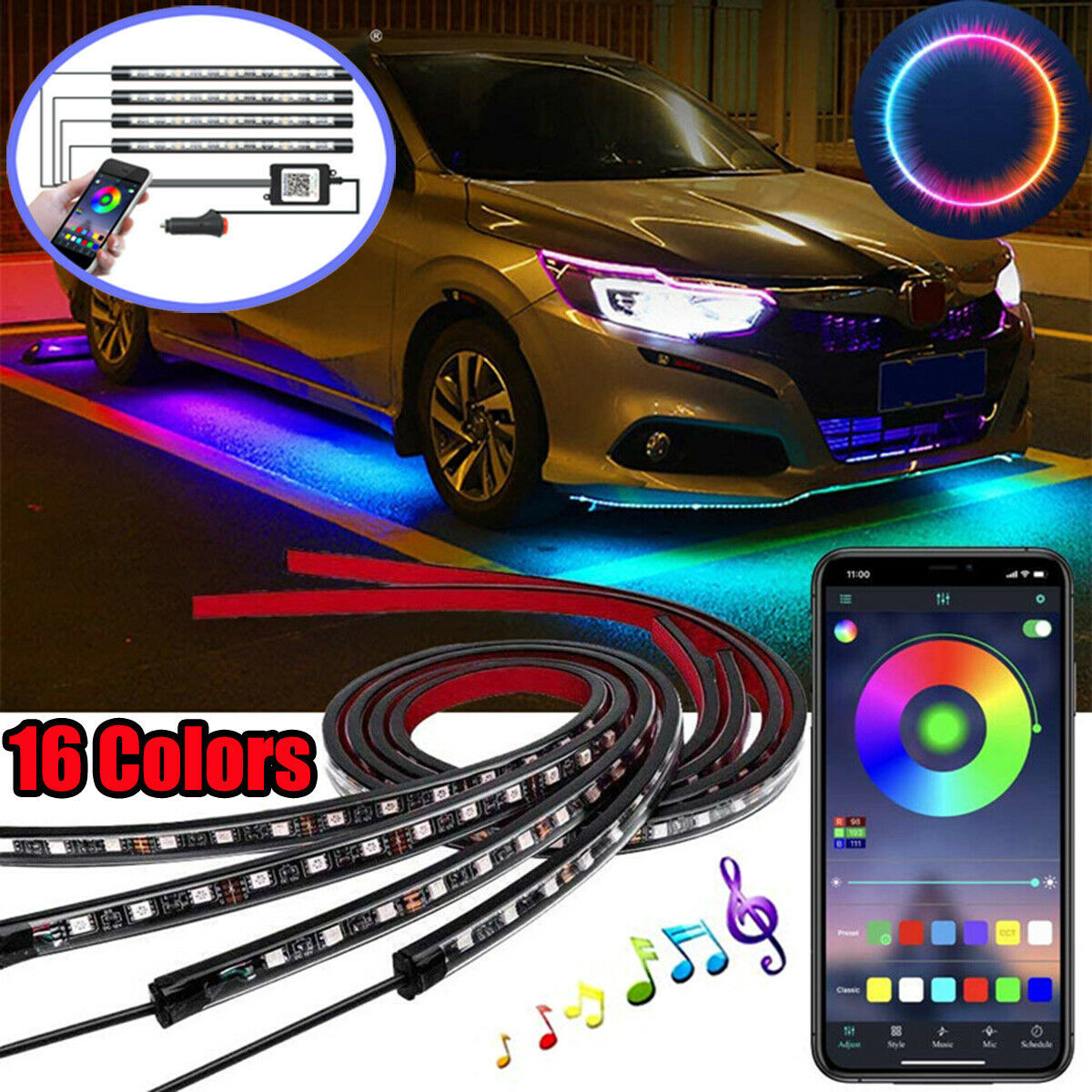 Auto LED RGB Interior Atmosphere Strip Light Decorative Foot Lamp With USB Wireless Remote Music Control Multiple Modes For Car - Nyaabs