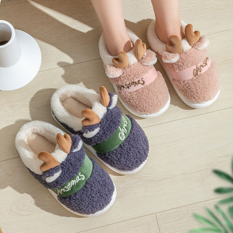 Christmas Shoes Winter Home Slippers Elk Soft Cozy Bedroom Slipper Slip On House Shoes - Nyaabs