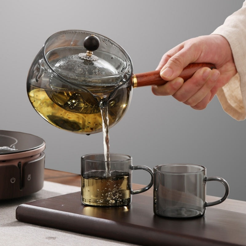 Semi-automatic Rotary Heat-resistant Glass Teapot Lazy Tea Making With Infuser And Wooden Handle Office Home Accessories Kitchen Gadgets - Nyaabs