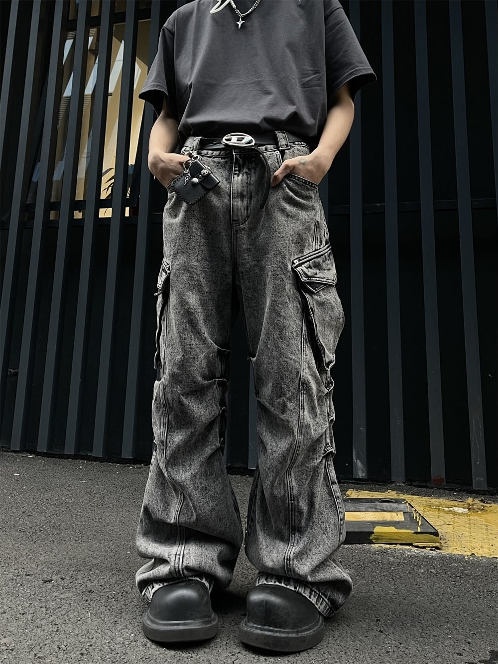 Pleated Workwear With Pocket Jeans Loose-fitting Wide-leg Trousers - Nyaabs