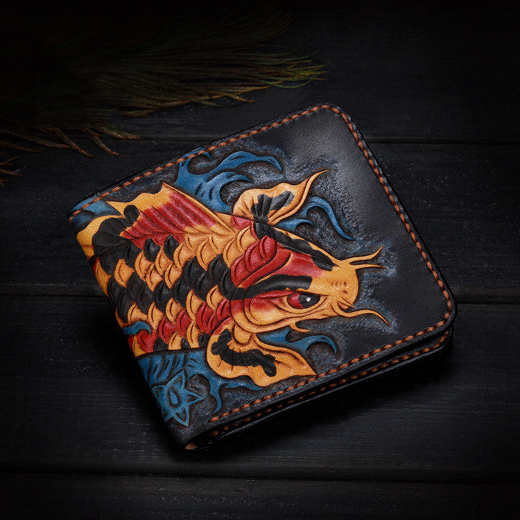 Vintage Pure Handmade Leather Lucky Carp Short Wallet - Nyaabs