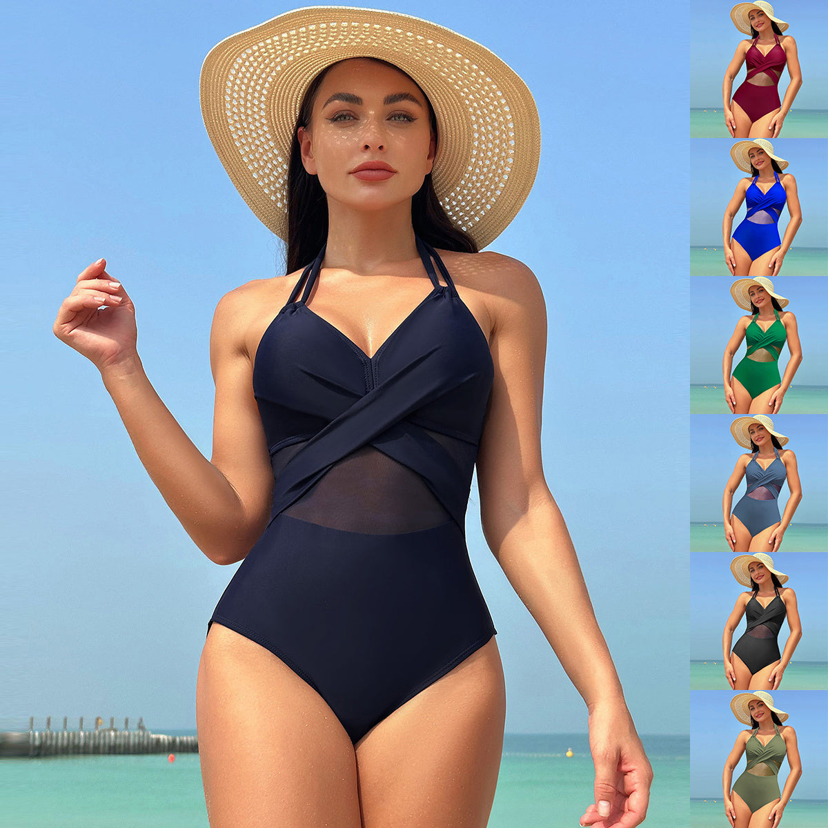 Halter-neck One-piece Swimsuit Summer Solid Color Cross-strap Design Mesh Bikini Beach Vacation Womens Clothing - Nyaabs