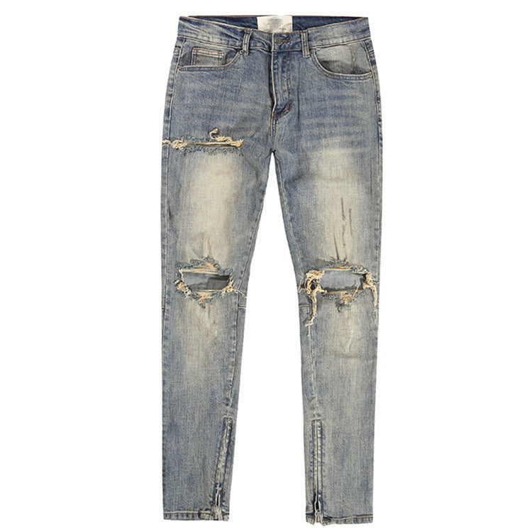 Ripped Washed Elastic Mid-waist Denim Trousers - Nyaabs