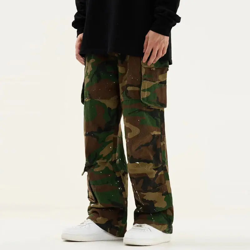 Camouflage High Waist Loose Straight Retro Workwear Casual Pants - Nyaabs