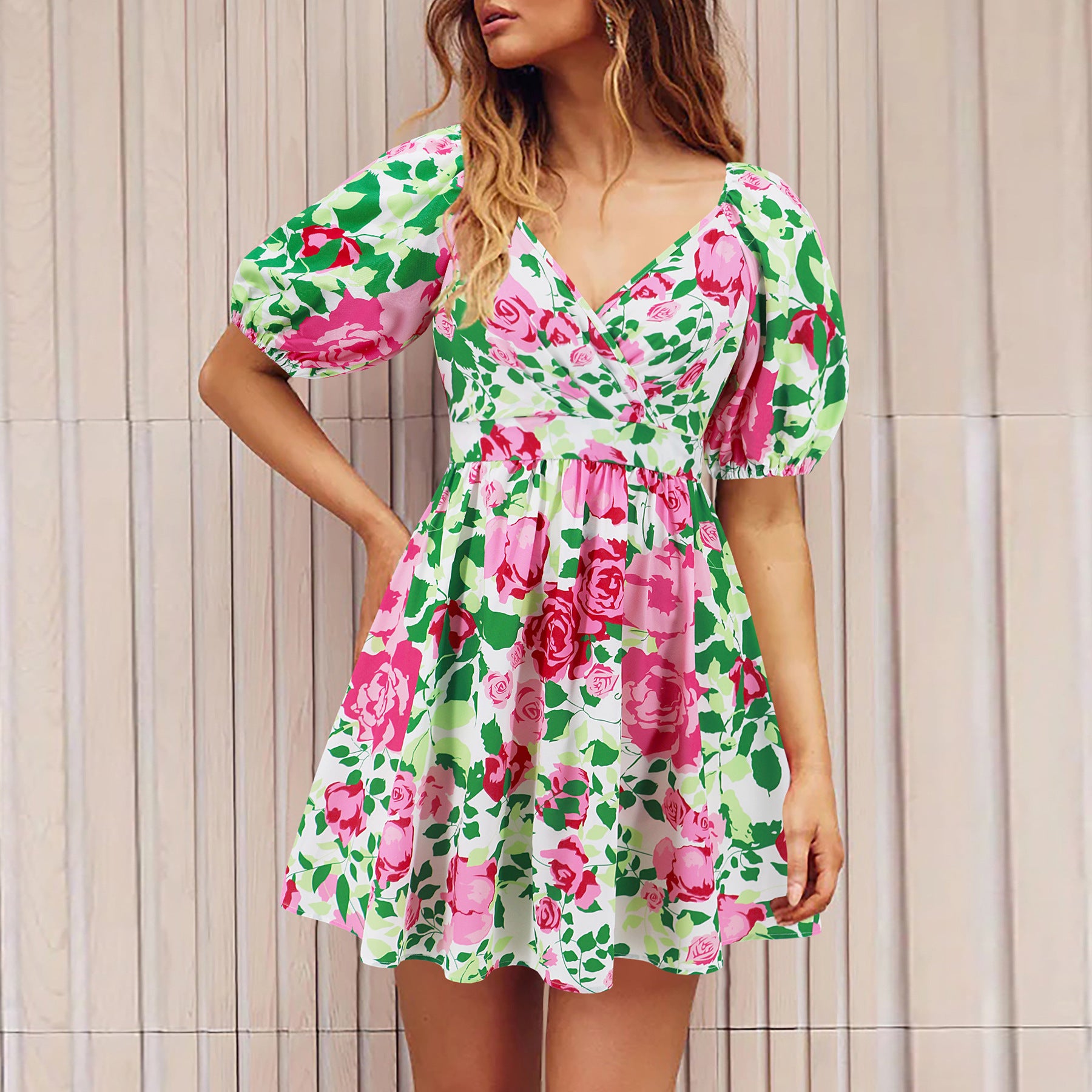 Flowers Print V-Neck Lantern-sleeve Dress Y2K Summer Vacation Beach Short Dresses Fashion Womens Clothing - Nyaabs