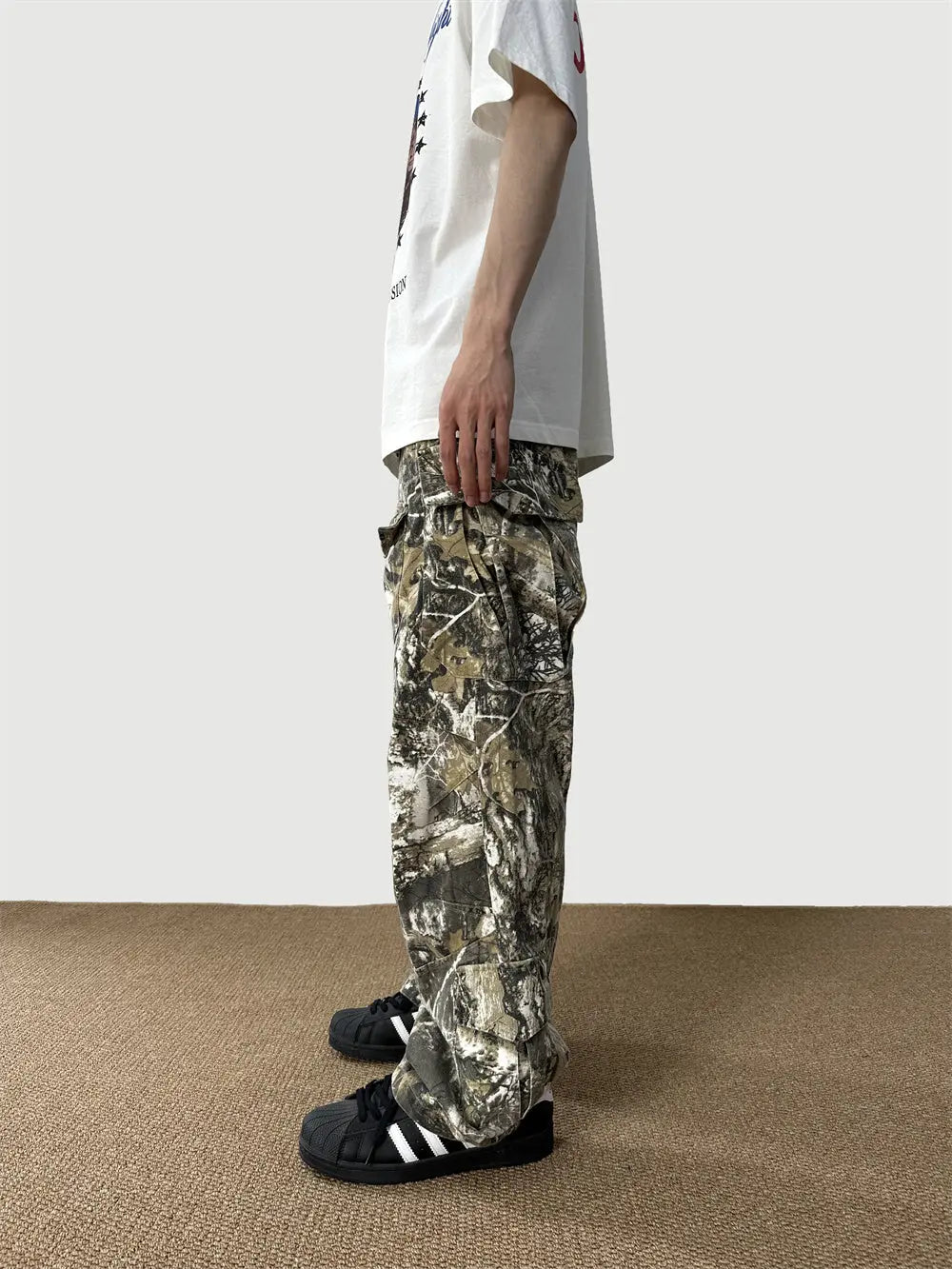 Loose Straight Tree Worn Looking Washed-out Camouflage Printed Overalls - Nyaabs