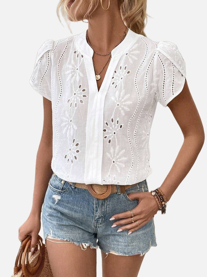 Women's Solid Color Hollow Embroidered Top - Nyaabs