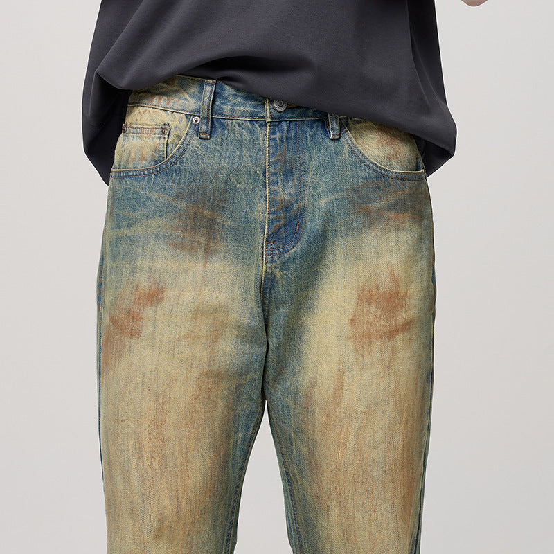 Men's Retro Washed Make Old Ripped Slightly Flared Jeans - Nyaabs