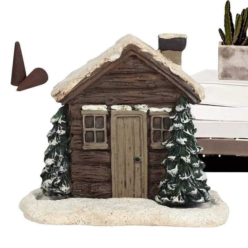 Log Cabin Incense Burner Rustic Christmas Chimney Hut Incense Cone Burner Collectible Resin Statue Table - Nyaabs