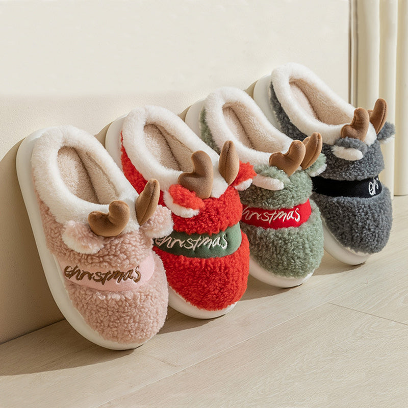 Christmas Shoes Winter Home Slippers Elk Soft Cozy Bedroom Slipper Slip On House Shoes - Nyaabs