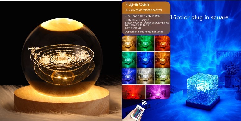 LED Water Ripple Ambient Night Light USB Rotating Projection Crystal Table Lamp RGB Dimmable Home Decoration 16 Color Gifts - Nyaabs