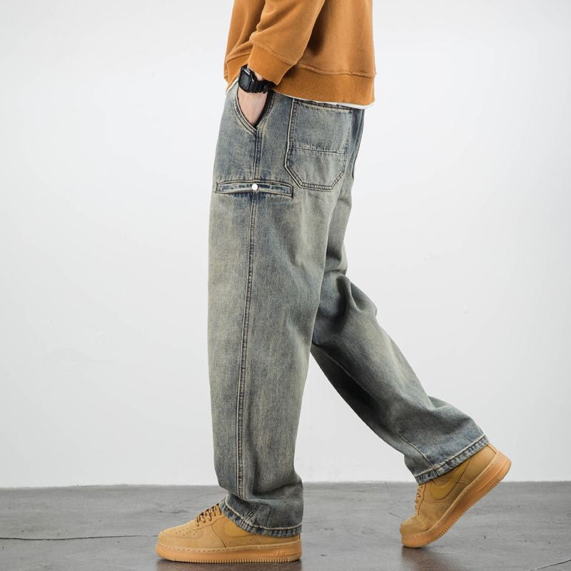 American Casual Yellow Mud Dyed Jeans Straight Loose - Nyaabs