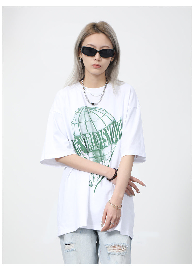 Couple Half Earth Letter Print Short Sleeve T-Shirt - Nyaabs