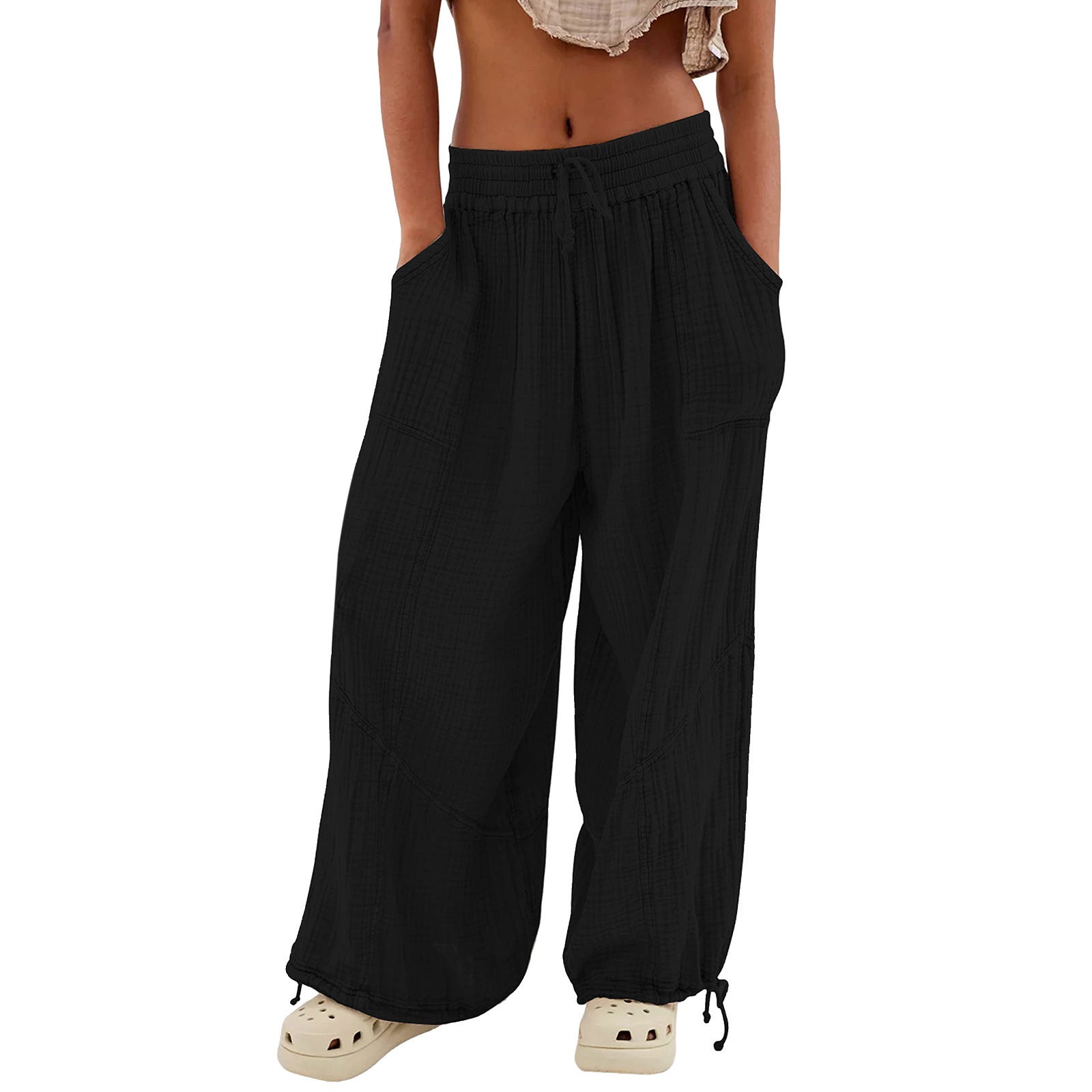 Women's Fashion Solid Color Lace-up Pocket Wide Leg Pants - Nyaabs