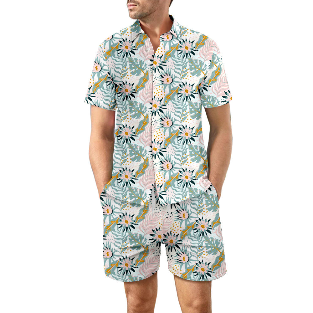 2Pcs Printed Beach Shirt Summer Suit Loose Lapel Button Top And Drawstring Pockets Shorts Casual Short Sleeve Suits For Men Clothing - Nyaabs