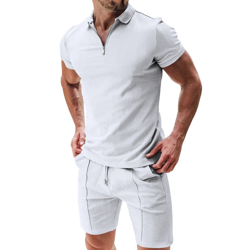 2Pcs Casual Waffle Suit Summer Zipper Lapel Short-sleeved Top And Drawstring Pockets Shorts Versatile Solid Color T-shirt Set For Mens Clothing - Nyaabs