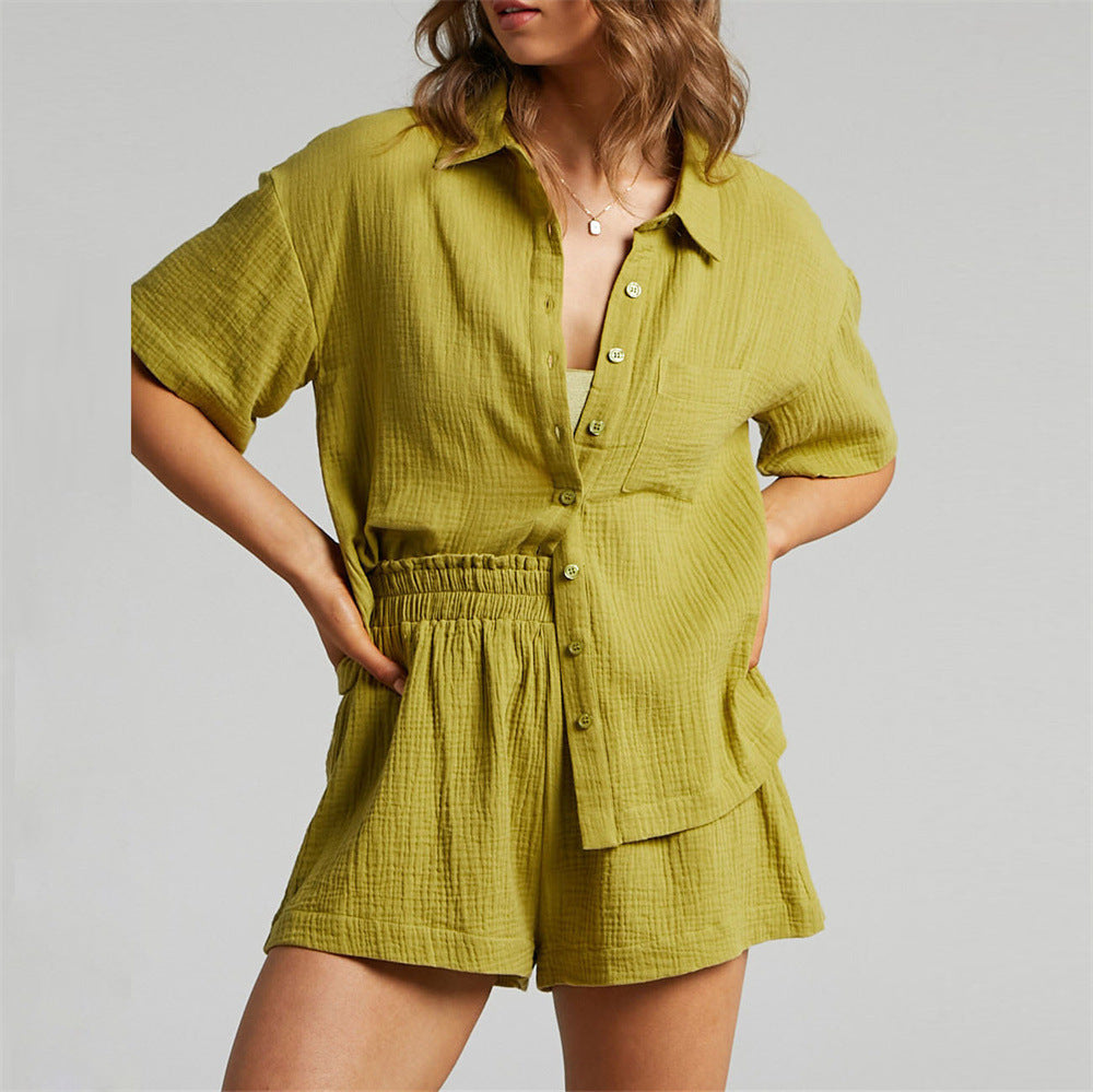 Women's Casual Loose Solid Color Shorts Shirt Two-piece Suit - Nyaabs