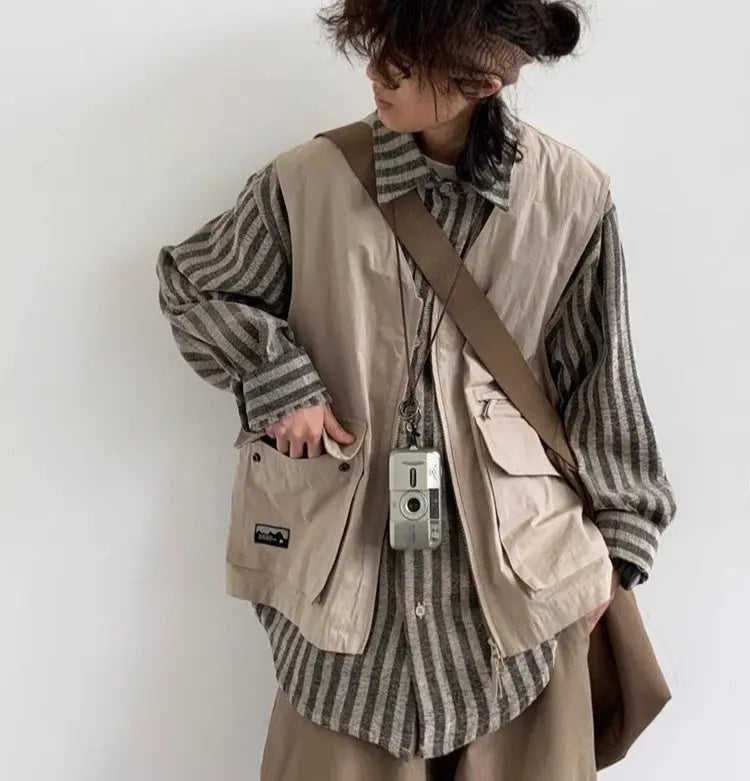 Japanese-style Retro Striped Fake Two Pieces Vest Workwear Shirt Plus Overalls Suit Men's Casual Simple - Nyaabs