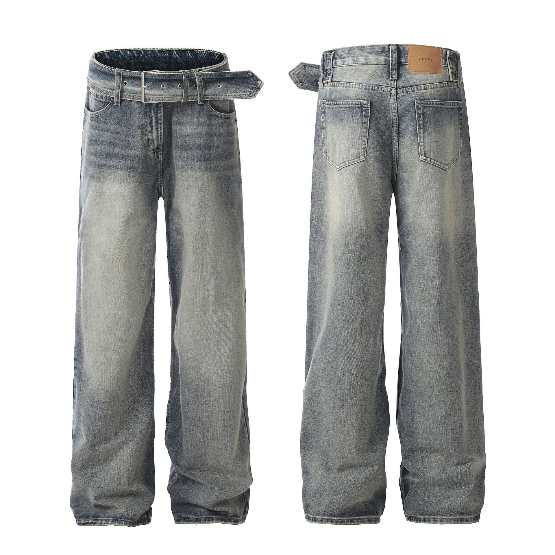 Washed Loose Wide Leg Large Hole Profile Tooling Ribbon Logging Jeans - Nyaabs