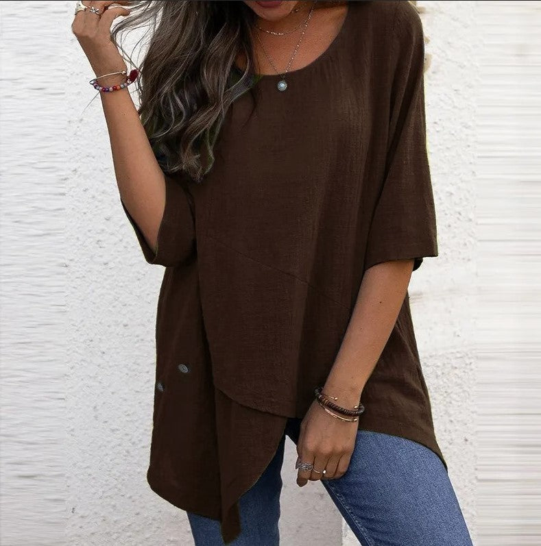 Cotton Linen Round-neck Irregular Shirt Half Sleeve Shirt - Nyaabs