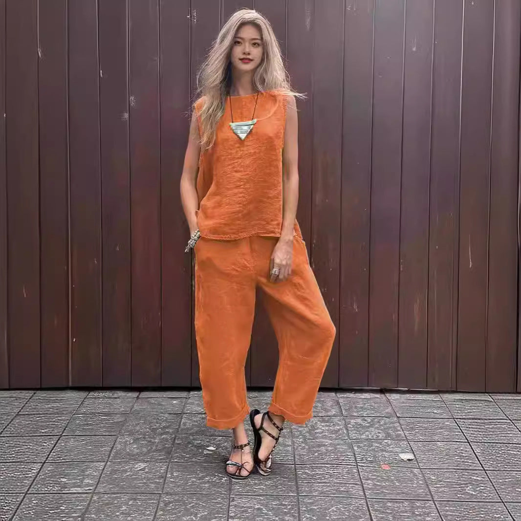 Cotton And Linen Fashion Casual Loose Two-piece Suit Sleeveless Top Loose Trousers Women's Suit nyaabs.com