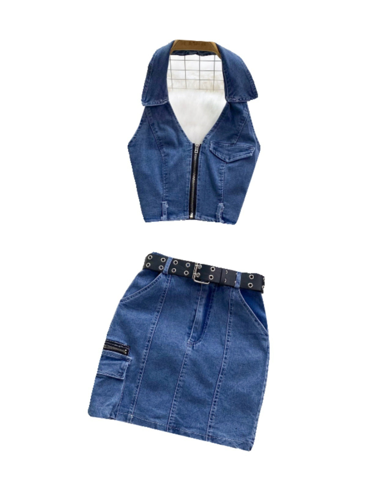 Women's Retro Slim Short Sleeveless Halter Denim Vest Two-piece Set nyaabs.com