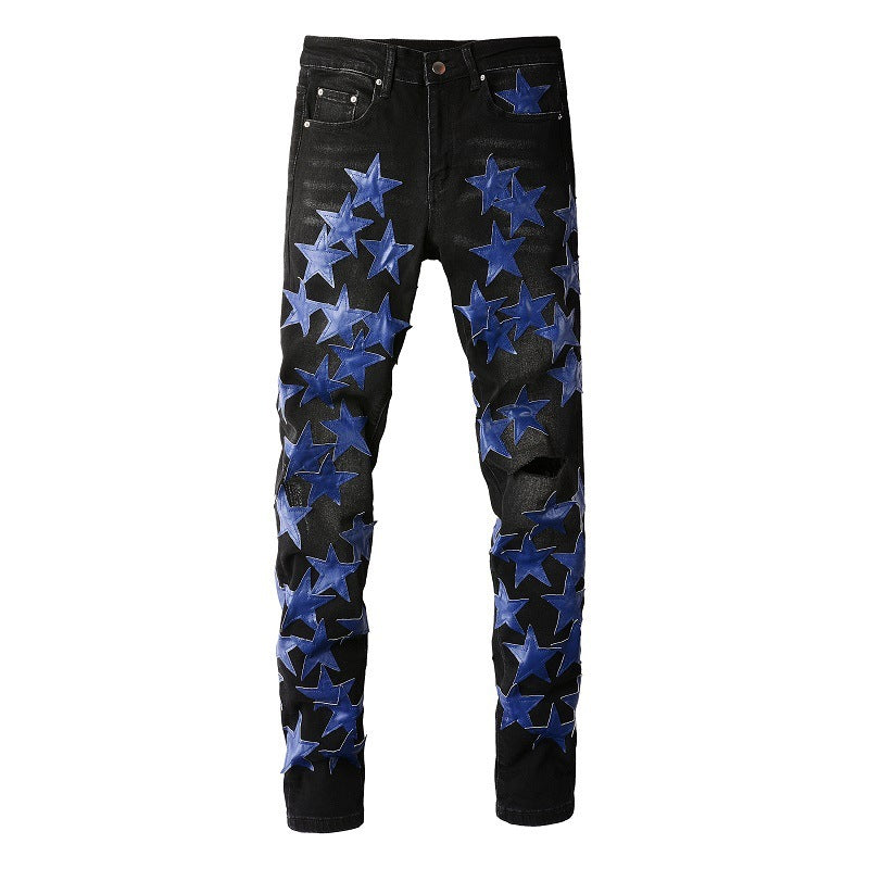 High Street Leather Dark Blue Star Trendy High Craft Stretch Slim Jeans - Nyaabs