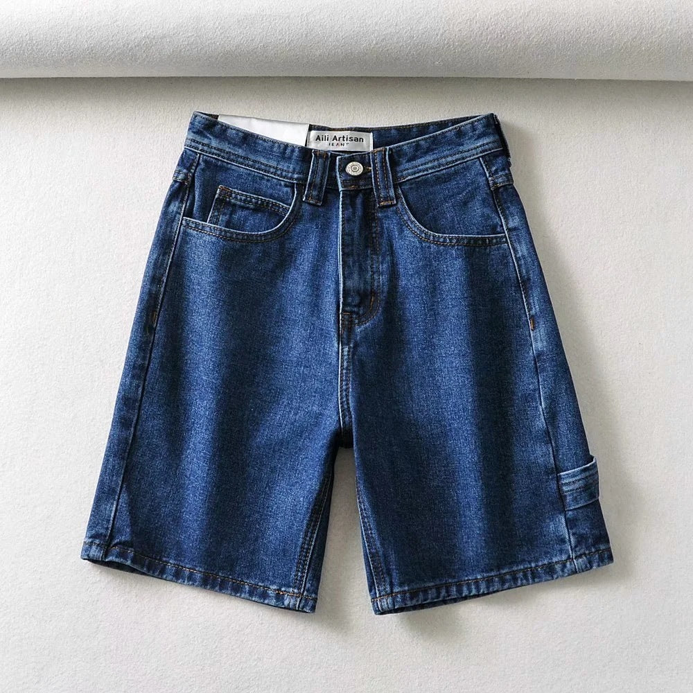 High Waist Making Legs Look Long Workwear With Pocket Denim Shorts - Nyaabs