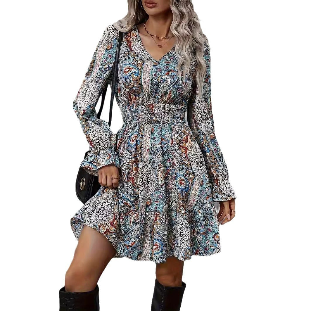 Women's Casual Printed V-neck Long Sleeved Dress nyaabs.com