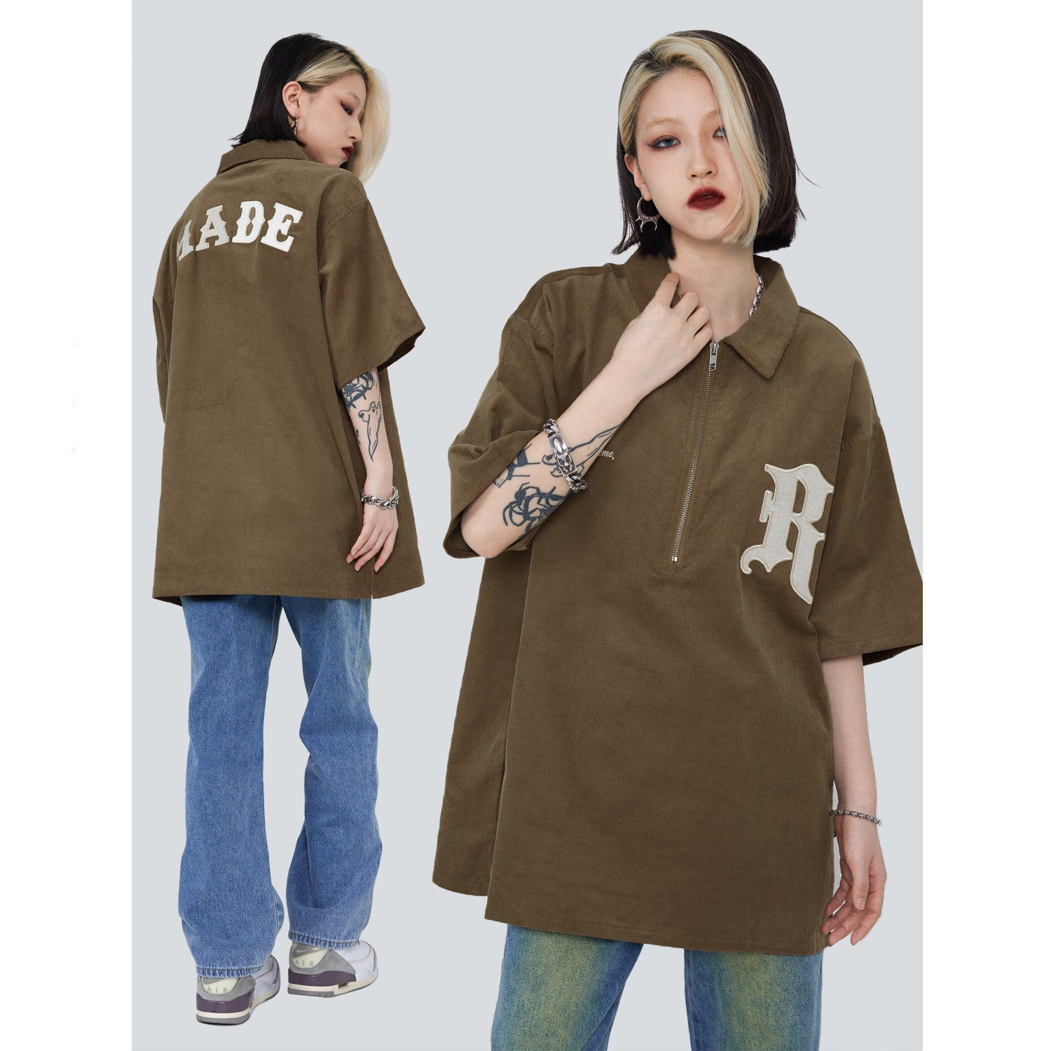 Street Retro Half Sleeve Corduroy Half Zip Letters - Nyaabs