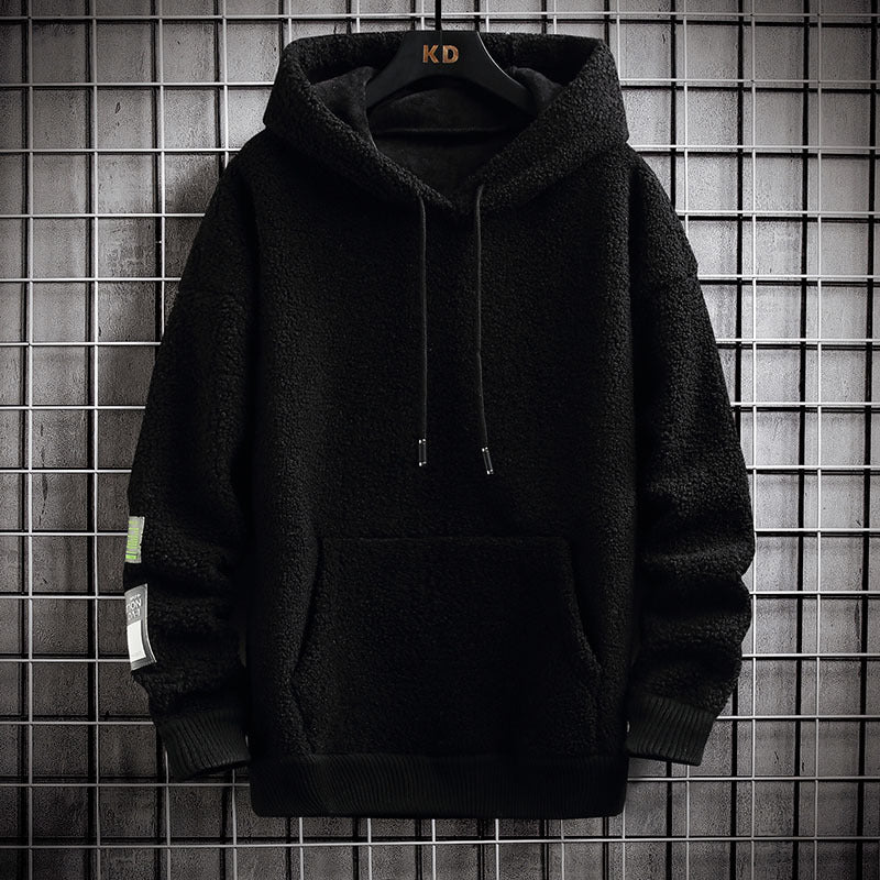 Men's Hooded Drawstring Pocket Lamb Wool Sweatshirt Velvet Padded Thickened Coat - Nyaabs