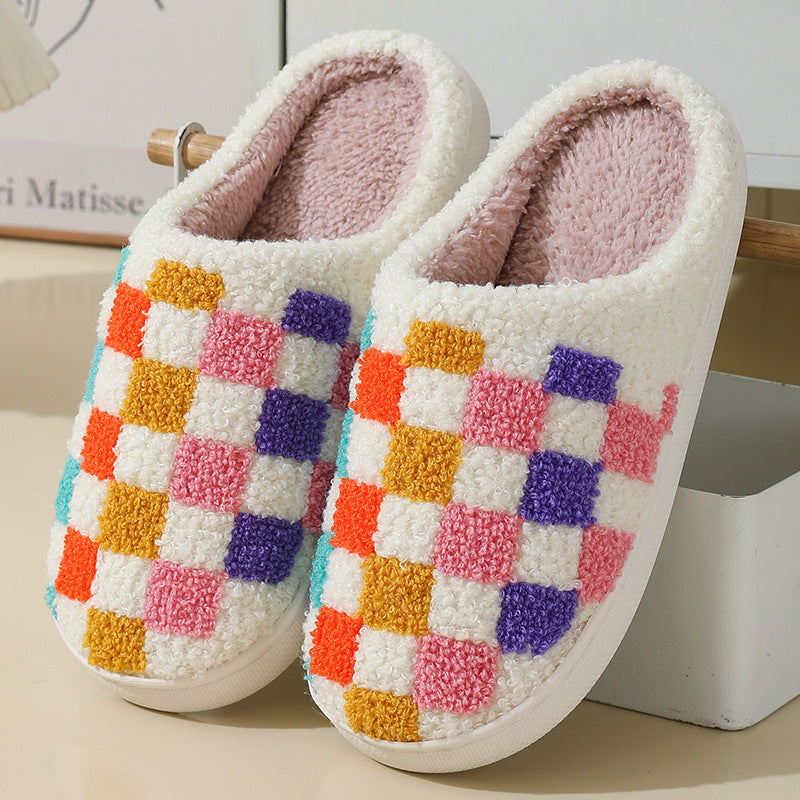 Fashion Colorful Checkerboard Home Slippers Couples Floor Bedroom Slipper Winter Warm Indoor House Shoes For Women And Men - Nyaabs