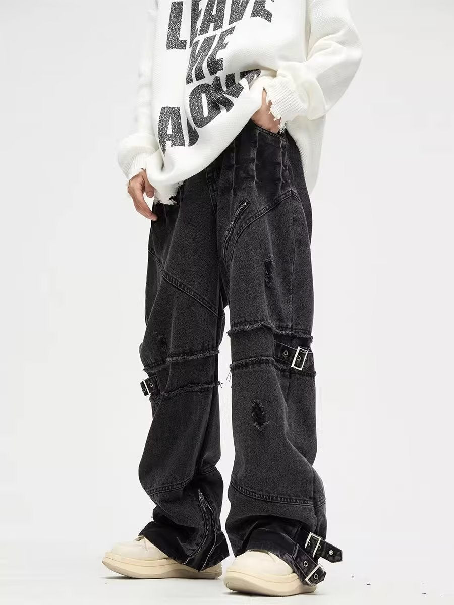 Lace-up Zipper Jeans Vintage Distressed Straight Loose Pants - Nyaabs