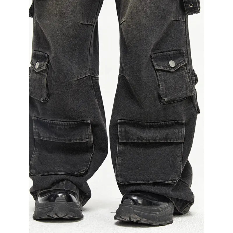 Multi Pocket Vintage Wide Leg Jeans For Men - Nyaabs