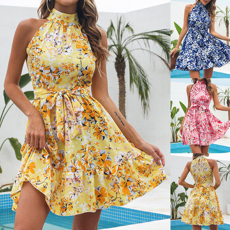 New Flowers Print Halterneck Dress Summer Fashion Temperament Lace-up Ruffled Dresses For Women - Nyaabs