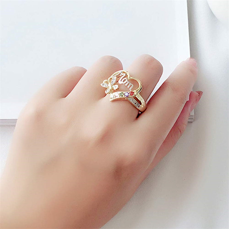 Mother's Day Gift Hollow Heart English Letter Love Mom Rhinestone Butterfly Finger Ring Jewelry Gift - Nyaabs